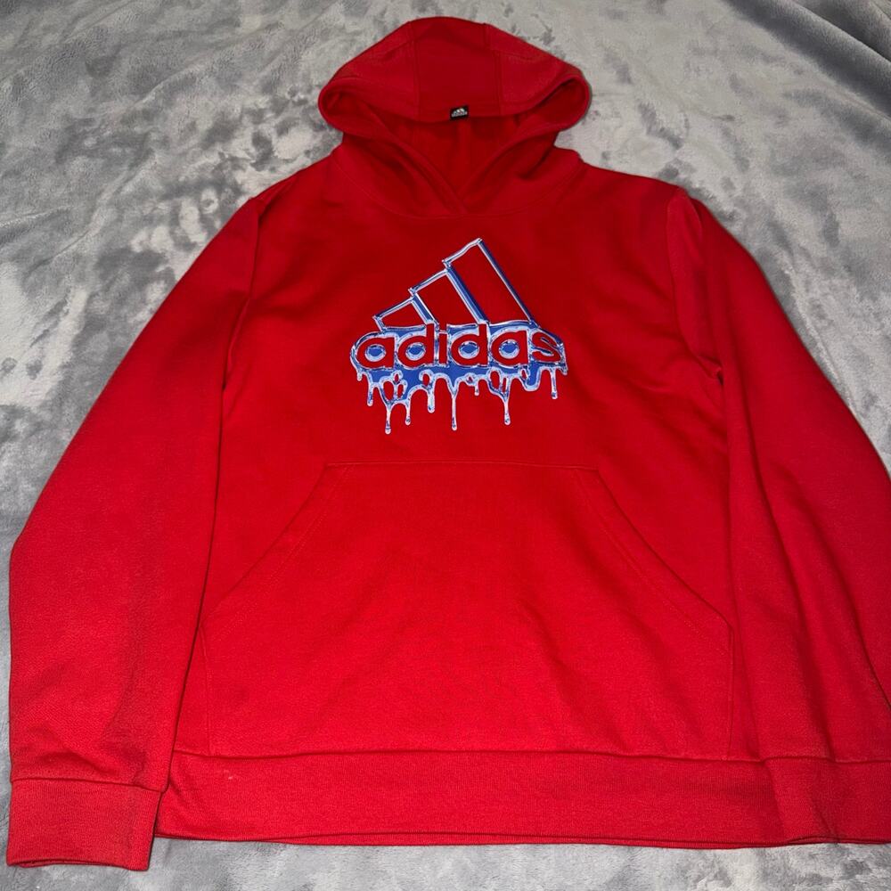 Adidas Red Drip Logo Hoodie Men’s Pullover Hooded Sweatshirt Kangaroo Pocket L